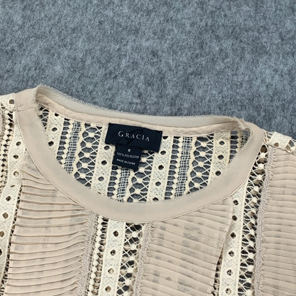 Gracia Beige Cream Top Beige Ruffle Sheer See Through Lace Long Sleeve - Size S - Picture 4 of 9